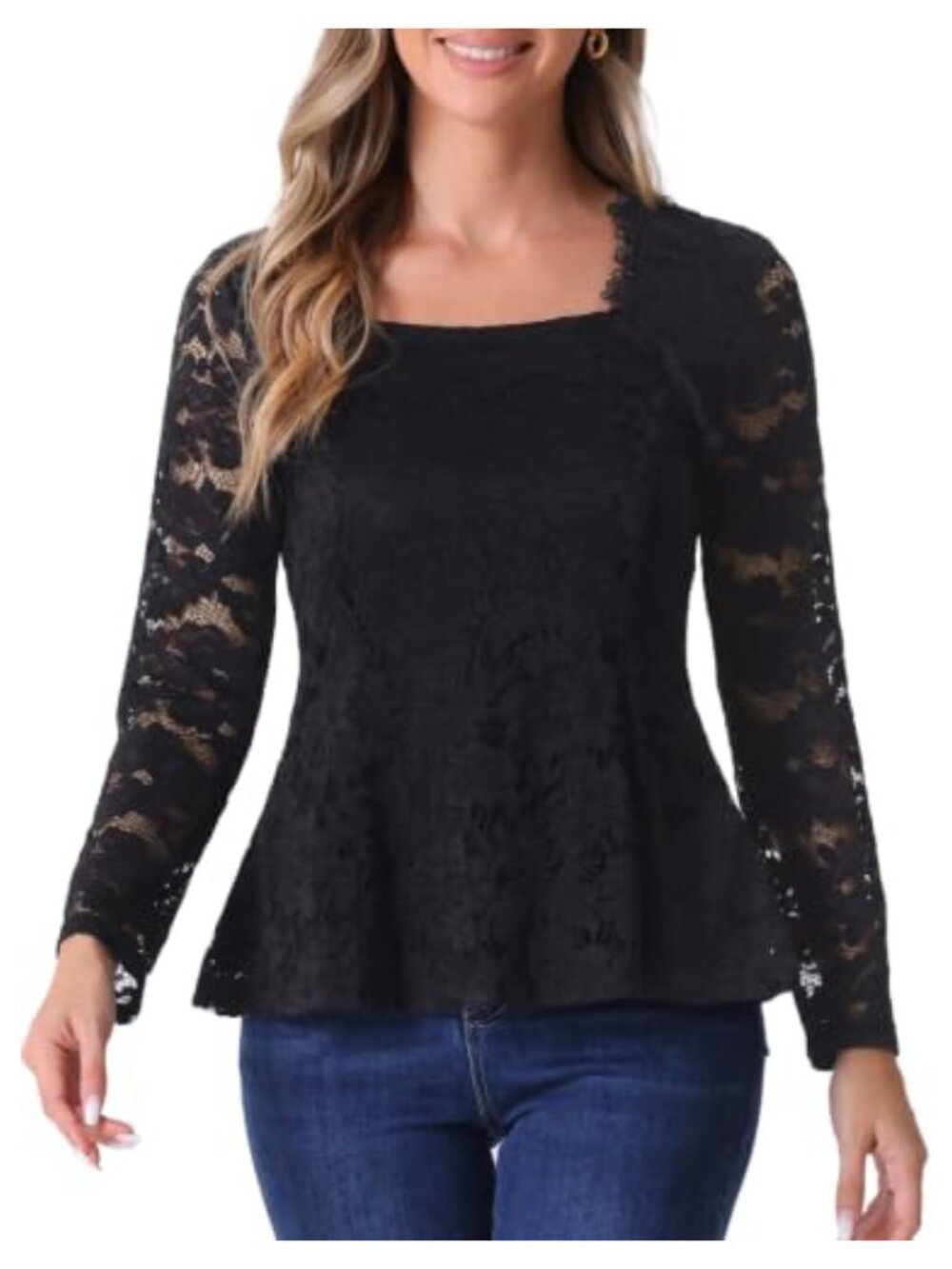 Lace Peplum Blouse Square Neck Long Sleeve Top